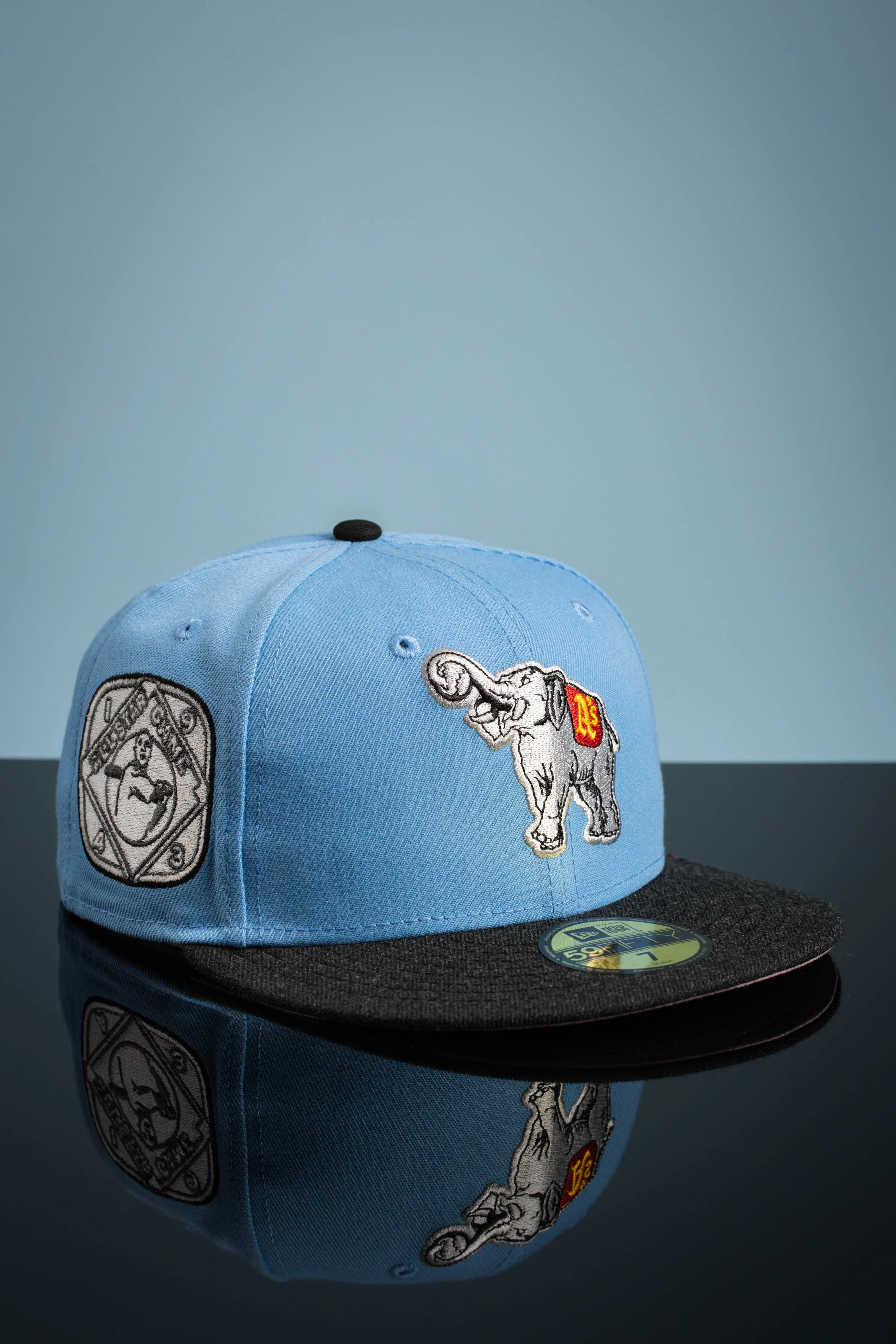 NEW ERA "FLYING ELEPHANT" PHILADELPHIA ATHLETICS FITTED HAT (LIGHT BLUE/HEATHER BLACK) (SIZE 7) - Image 2